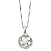 Chisel Stainless Steel Polished with Freshwater Cultured Pearl Flower Pendant on an 18 inch Box Chain Necklace